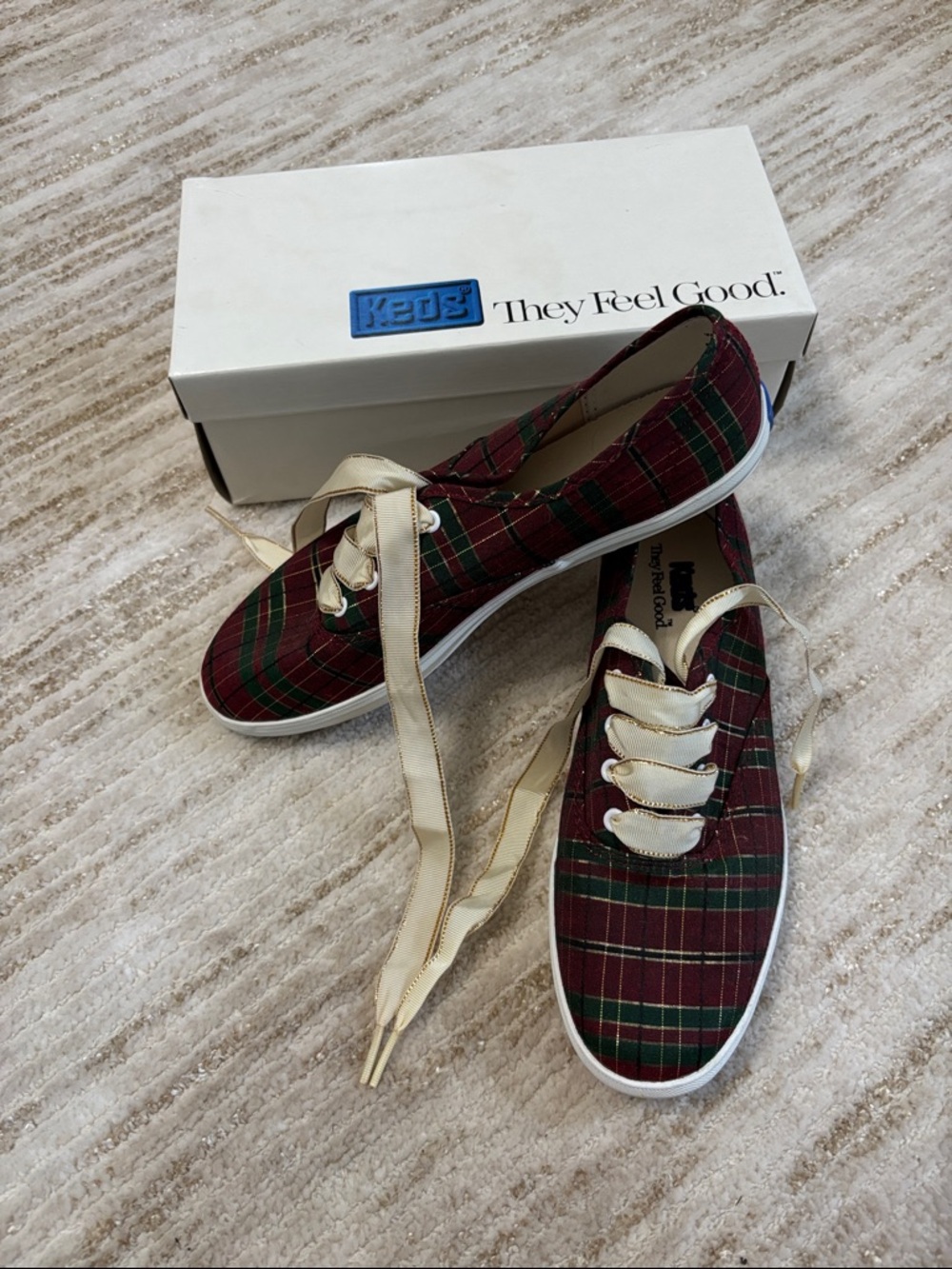 Vintage Holiday Oxford Red and Green Plaid Keds with Gold and Cream Ribbon Laces